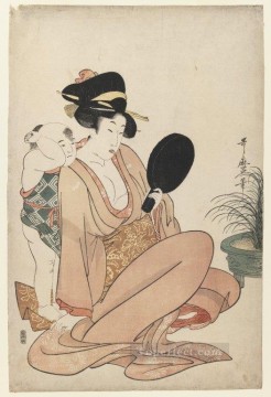 喜多川歌麿 Painting - 手鏡を見つめる母子 1805年 喜多川歌麿 浮世絵美人画